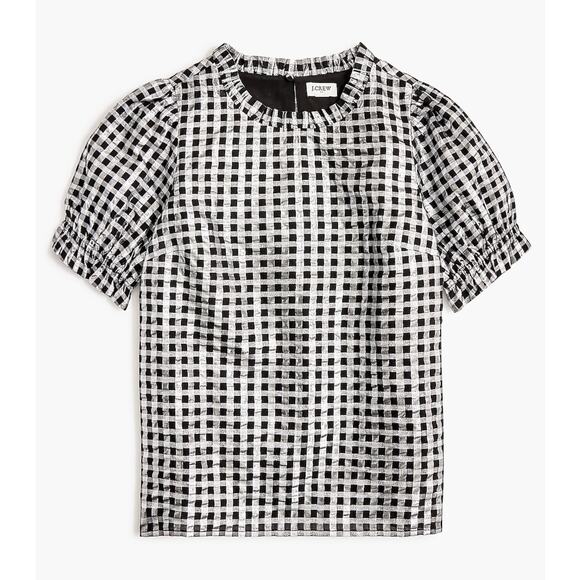 J. CREW Holiday 2024 Shiny Gingham Puff Sleeve Top Silver Black Sz XL NWT {T21} - Picture 1 of 3